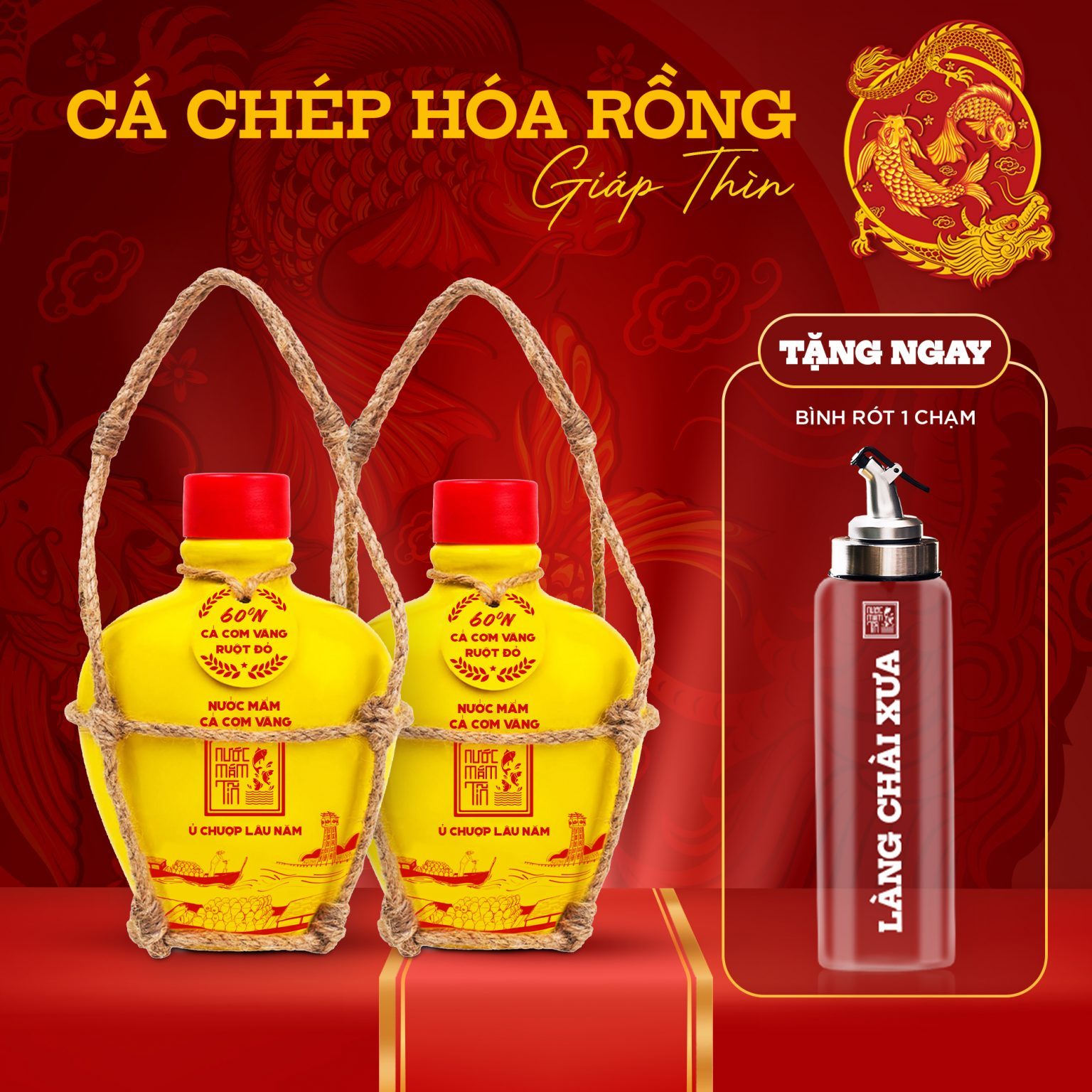 [ Quà Tết 2024 ] Cặp 2 bình gốm nước mắm Tĩn Cá Cơm Vàng 250ml