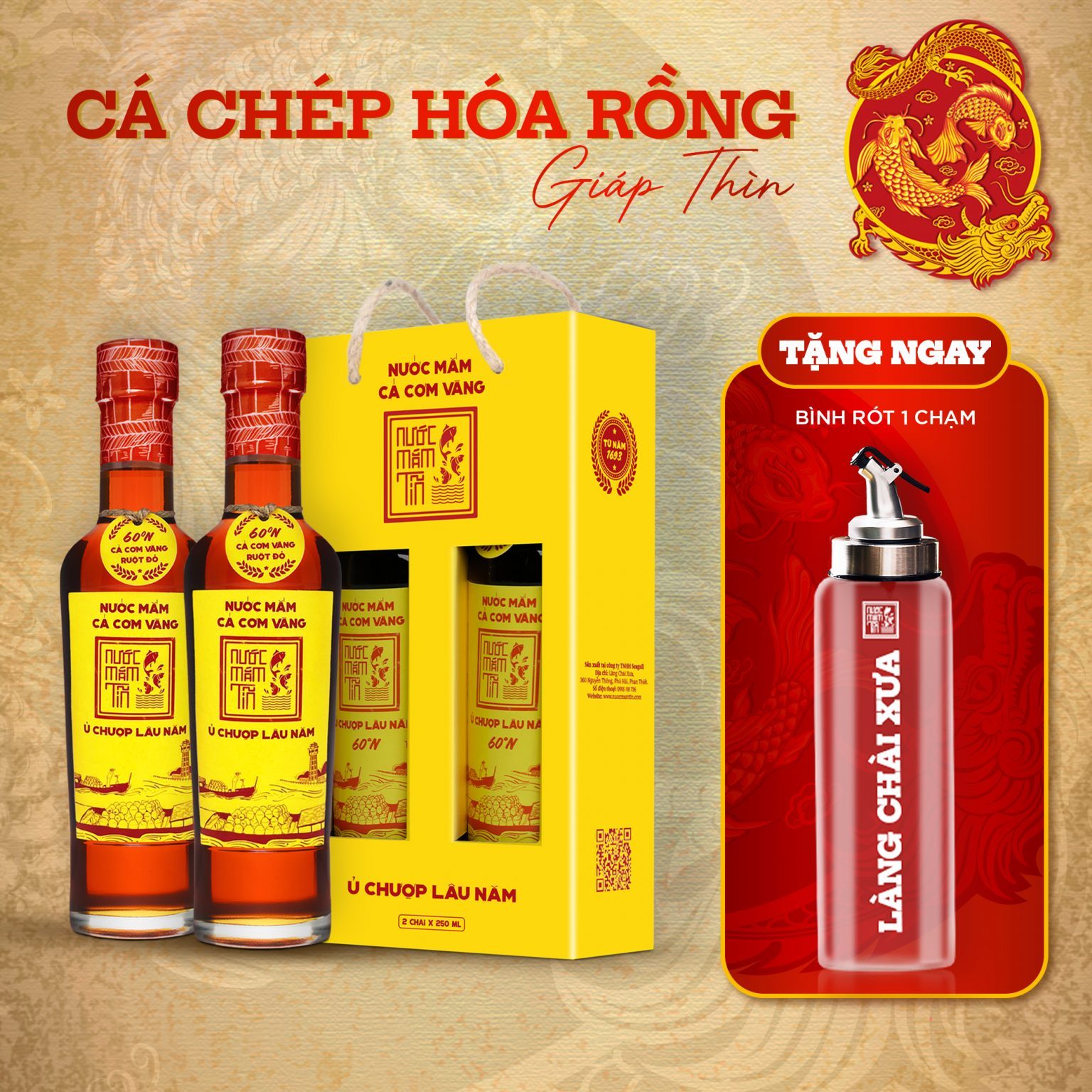 Hai cặp (4 chai 250ml) nước mắm Tĩn Cá Cơm Vàng 60N